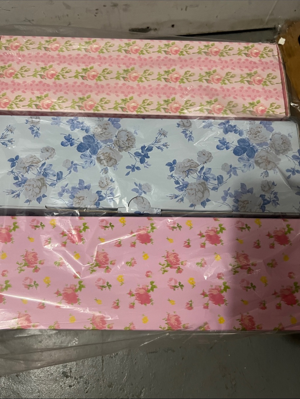 LoveShackFancy Floral Stacked Storage Boxes in Pink and Blue